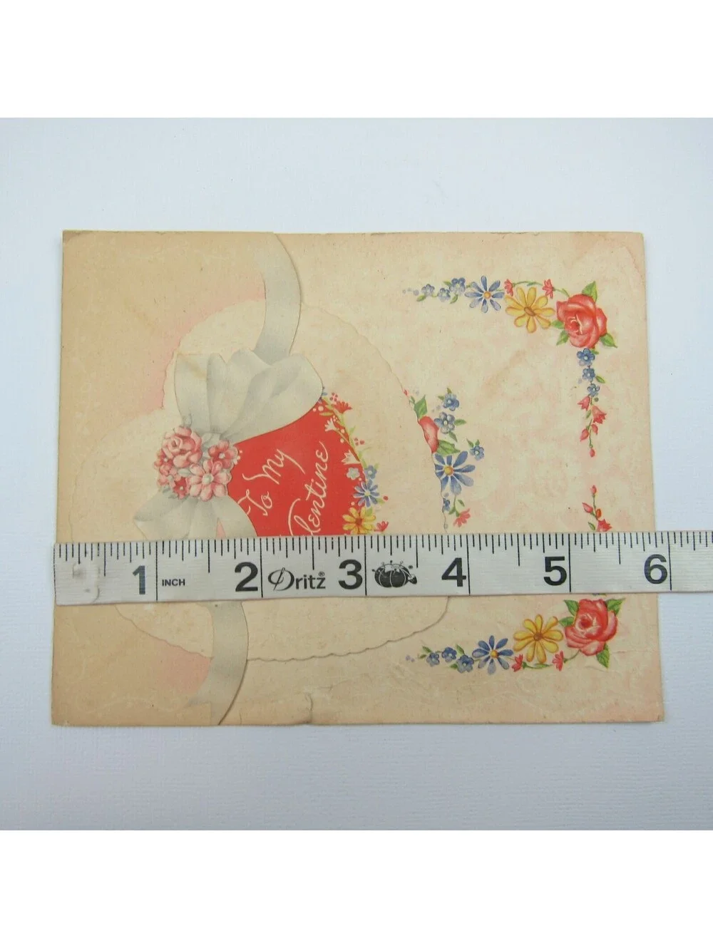 Vintage Valentine Card Flowers Blue Yellow Red Heart Ribbon Fold Golden Bell